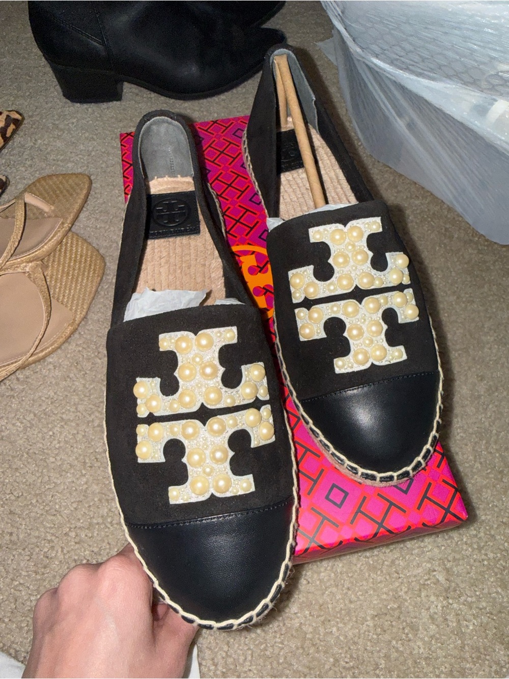 Tory Burch Black Suede & Leather Espadrilles with Pearl-Embellished Logo